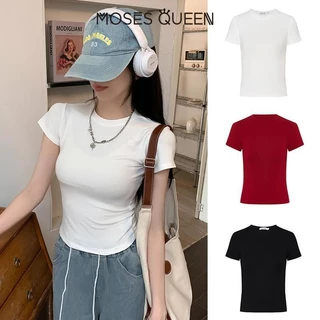MOSESQUEEN อเมริกัน บาง พอดี เสื้อยืดแขนยาวสําหรับผู้หญิง ฤดูร้อนสไตล์ใหม่สาวเผ็ดเสื้อฐานสั้นสีทึบไหล่ปกเสื้อด้านบน #62220-62145