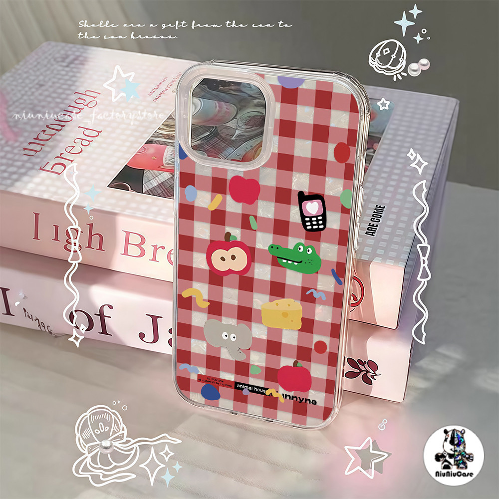ลายสก๊อตสีแดง เคส สําหรับ IPhone 15 16 11 14 13 12 Pro Max XR XS Max X 8 7Plus SE เลเซอร์การ์ด Sea Shell สร้อยข้อมือกรณี