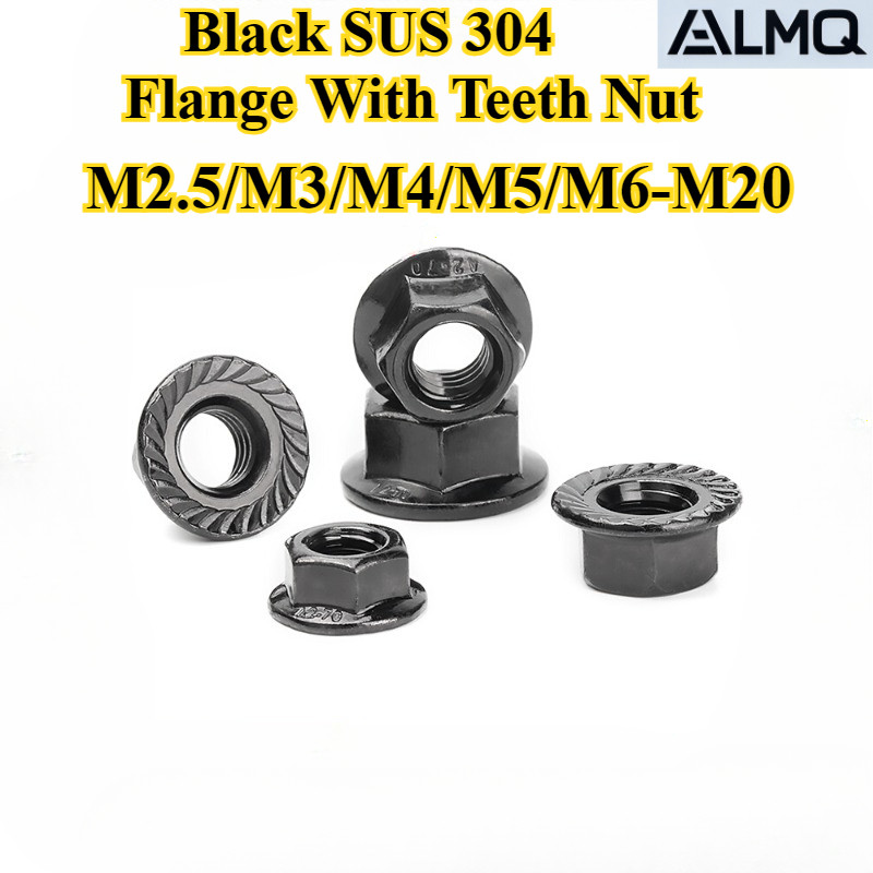 [LMQ-FLLM] Sus 304 สีดํา, หน้าแปลนพร้อมน็อตฟัน M2.5/M3/M4/M5/M6-M20 304/316 น็อตกันลื่นสแตนเลส, น็อตสกรูล็อค