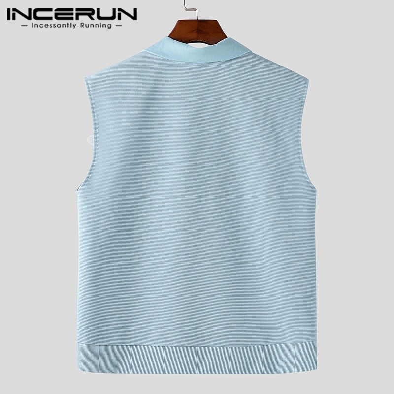 Incerun ผู้ชายเกาหลีแฟชั่น Lapel 3D ดอกไม้ตกแต่งเสื้อแขนกุดครึ่งกระดุม