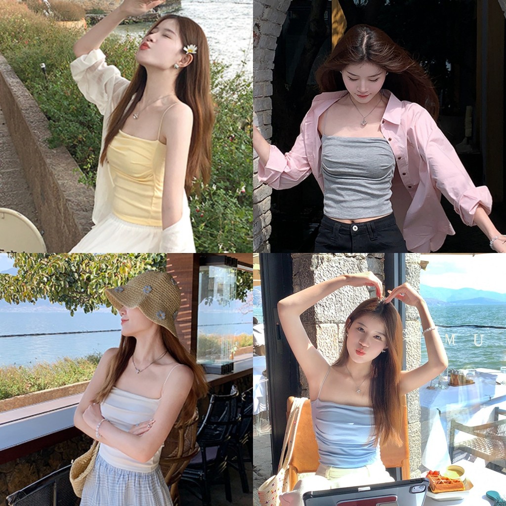 🍊Evelyn🍊เสื้อสายเดี่ยว สีพาสเทล มีฟองรน้ำ เข้ารูป ยืดพอดีตัว เสื้อครอป นุ่มสบาย สไตล์ลำลอง แฟชั่นฤดูร้อน