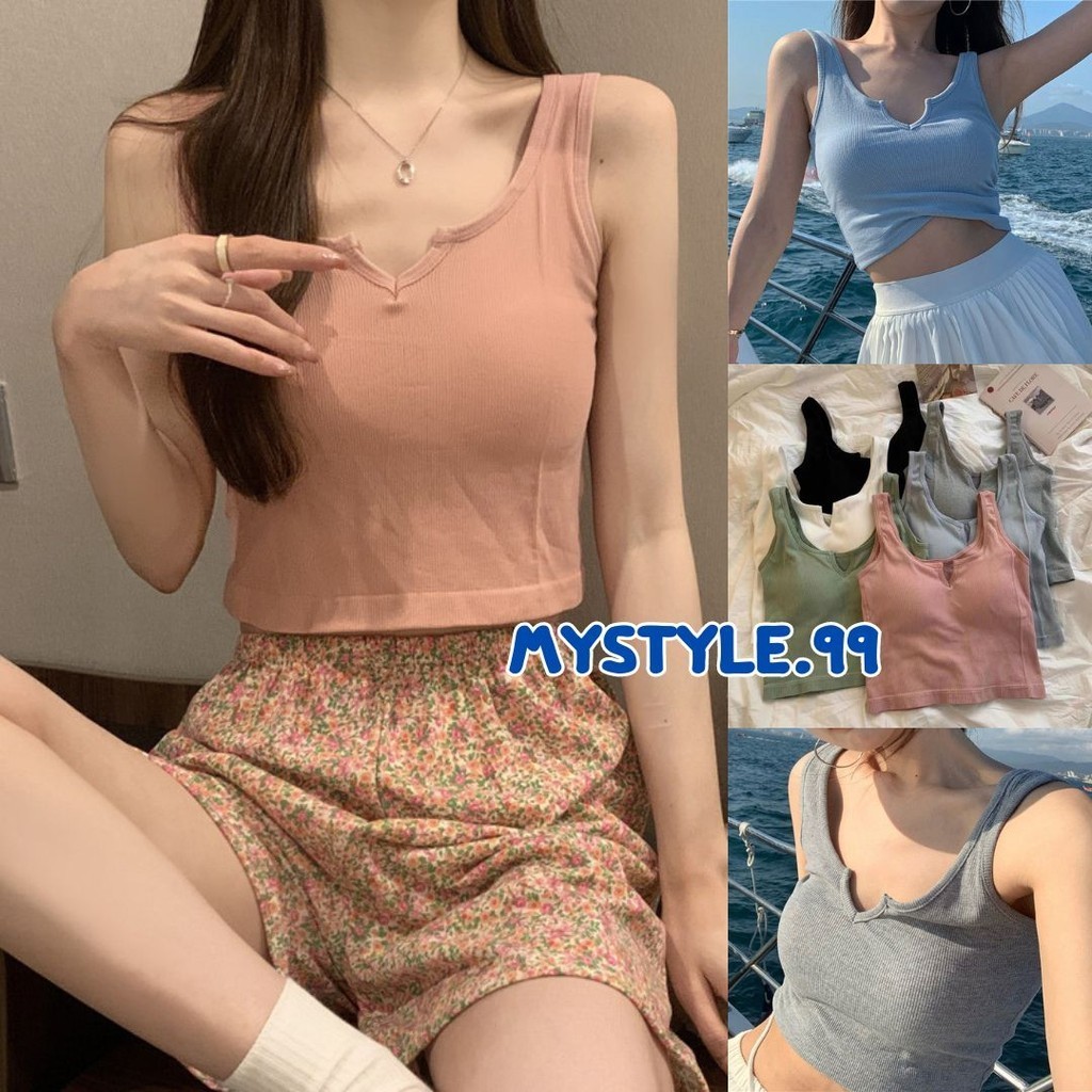 📢mystyle.99📢  เสื้อครอปแต่งเว้าคอ แขนกุด สีพื้น ใส่สบาย มีฟองน้ำ #H19