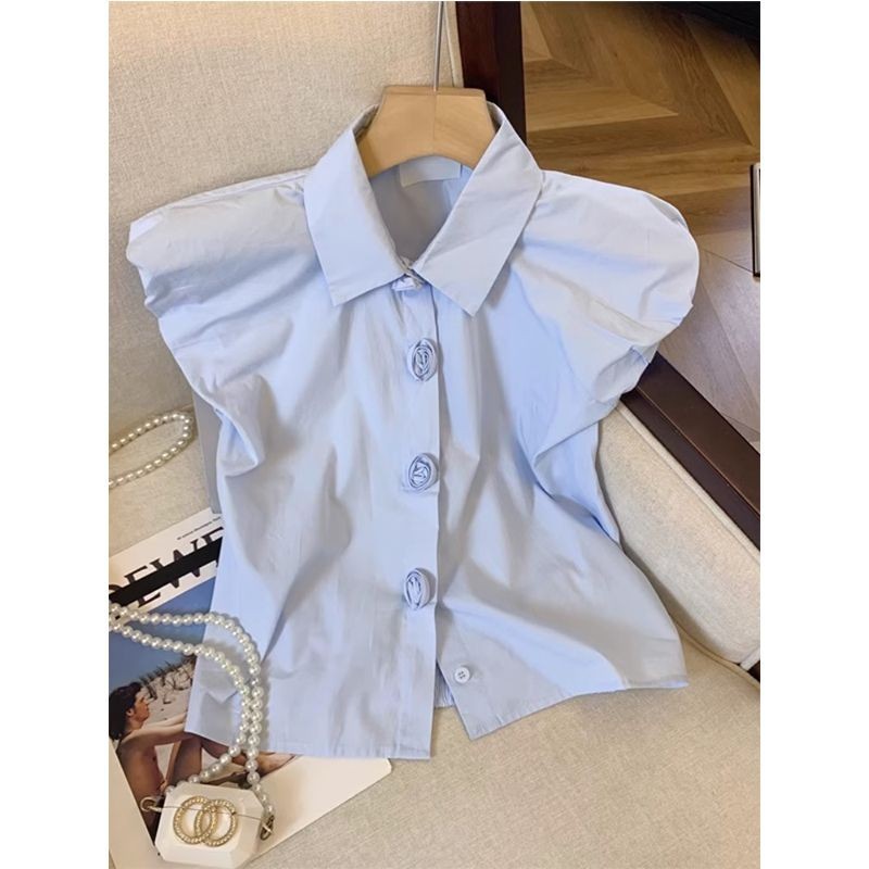 เสื้อเชิ้ตโปโล คอปก แขนพอง สีฟ้า สไตล์เกาหลี ฝรั่งเศส ออกแบบดี สุดชิค เหมาะกับฤดูร้อน สําหรับผู้หญิง