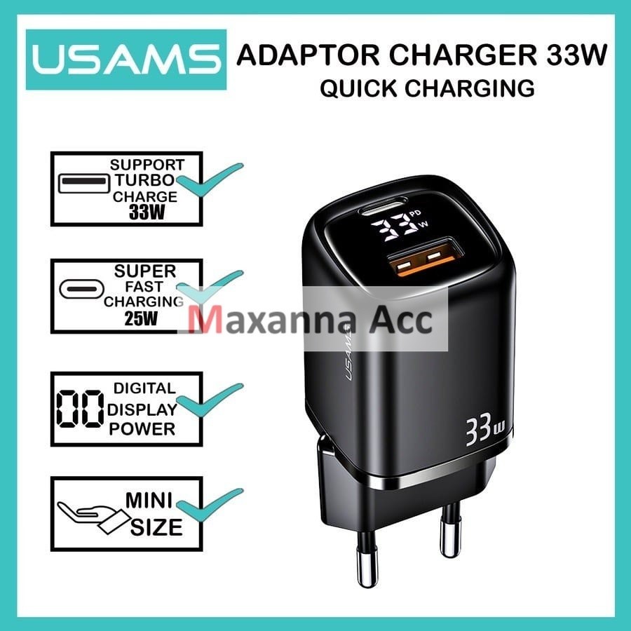 [MAXNA] USAMS T46 33W USB Type C อะแดปเตอร์ชาร์จ Quick Charge PD + QC จอแสดงผลดิจิตอล Fast Charger ส