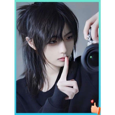 【【จัดส่งภายใน 3 วัน】】 วิกผมผู้ชาย วิกผมผู้ชายเต็มหัวครอบคลุมหางหมาป่าญี่ปุ่นหัวซามูไรธรรมชาติระบายอากาศแบบบูรณาการปล