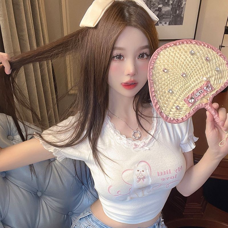 ผู้หญิงพัฟแขนสไตล์ใหม่slim-fitแขนสั้นslimmerดูchic Desireฤดูร้อนแขนสั้นสาวร้อนลูกไม้ 2024 Pureเสื้อยืดHK5T