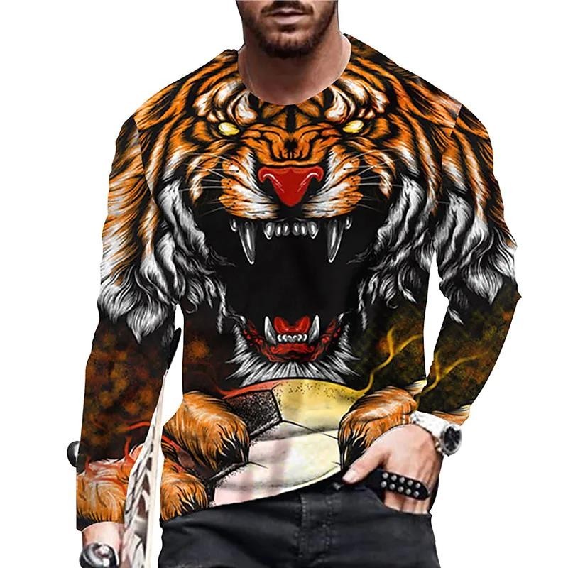 Vintage Tiger และ Lion 3d พิมพ์ฤดูร้อนผู้ชาย O-คอเสื้อยืดลําลองแขนยาวขนาดใหญ่ T เสื้อแฟชั่นเสื้อสวมหัวผู้ชายเสื้อผ้า