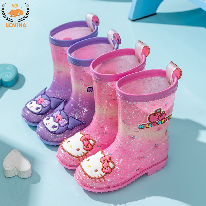 LOVINA รองเท้ากันฝนเด็ก Sanrio Kuromi Hello Kitty รองเท้ากันฝนเด็กผู้หญิงพื้นหนากันลื่นสำหรับนักเรียนอนุบาลชั้นประถมศึกษา