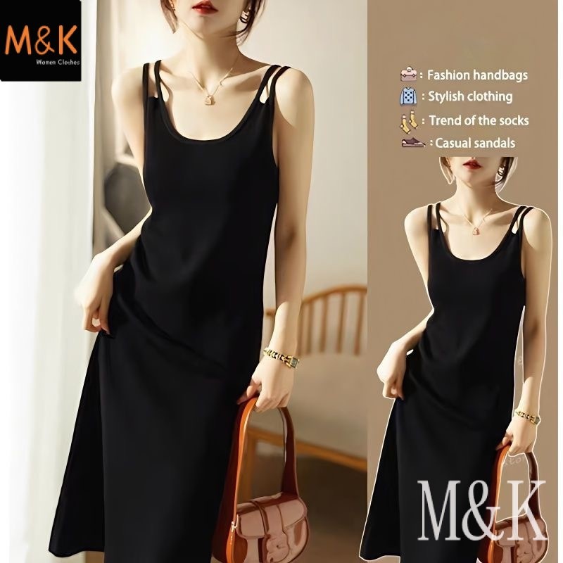 M&K ชุดเดรสสลิงผ ้ าไหมน ้ ําแข ็ งผู ้ หญิงหลวมBottomingชุดความยาวกลางสไตล ์ Classyชุดสลิงแขนกุด