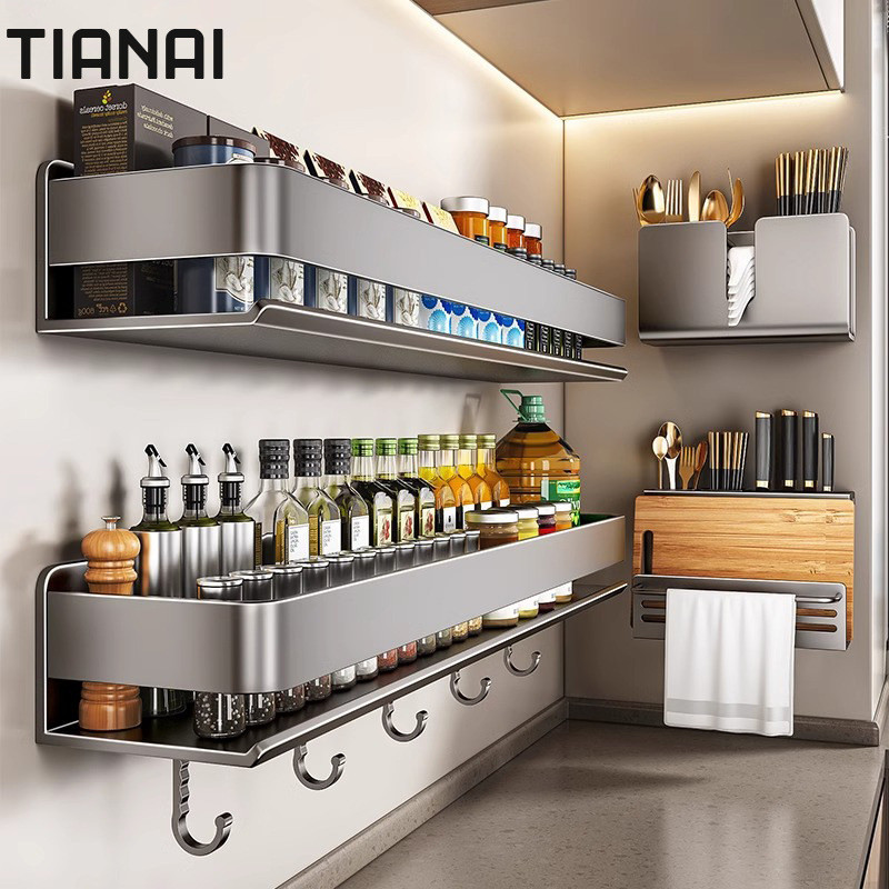 Punch-free Kitchen Multi-Functional Wall Storage Rack ชั ้ นวางเครื ่ องปรุงรสชั ้ นเก ็ บติดผนัง