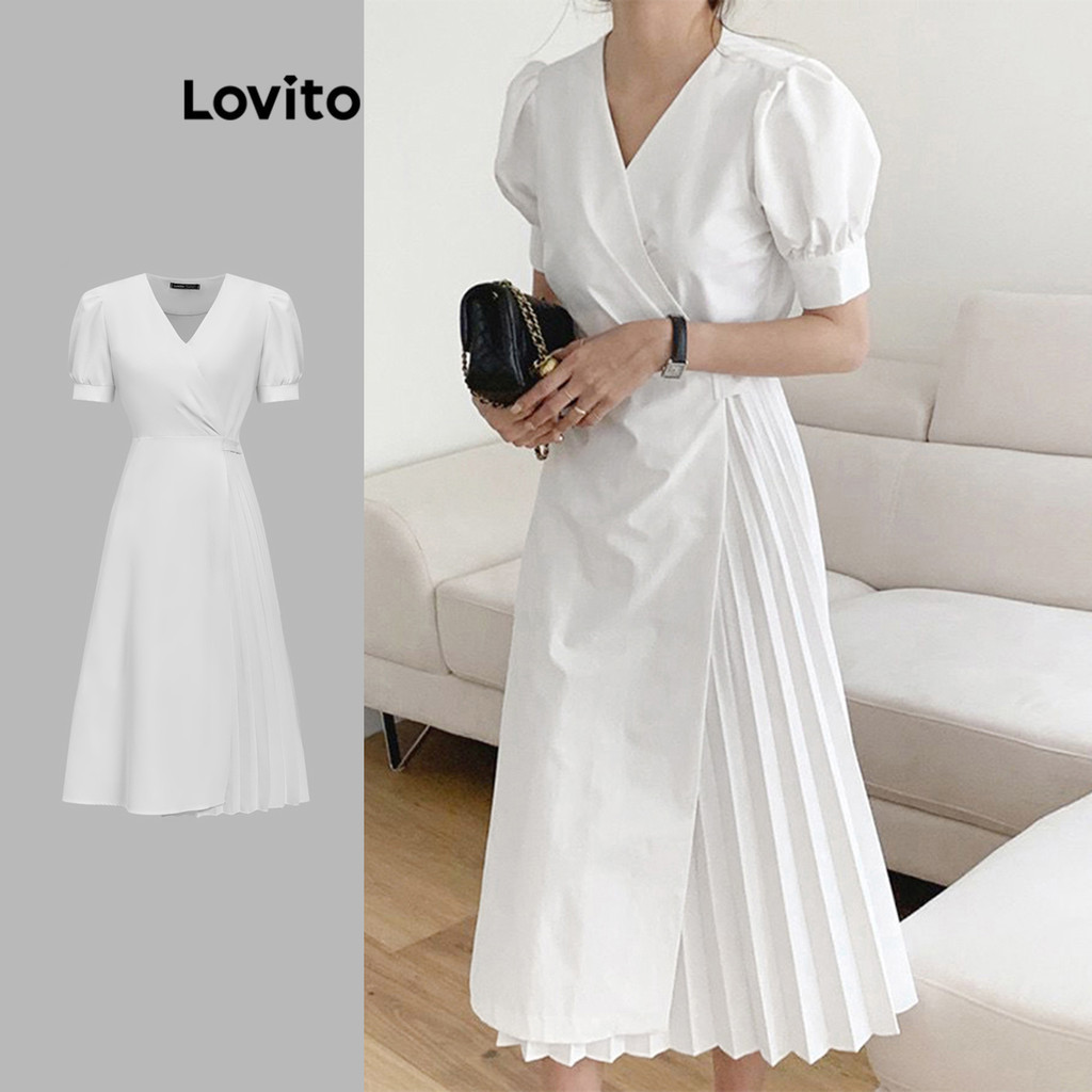 Lovito ชุดเดรสผู้หญิง แขนพอง แต่งจีบ แบบป้ายหน้า สีพื้น สไตล์ลำลอง L87ED327