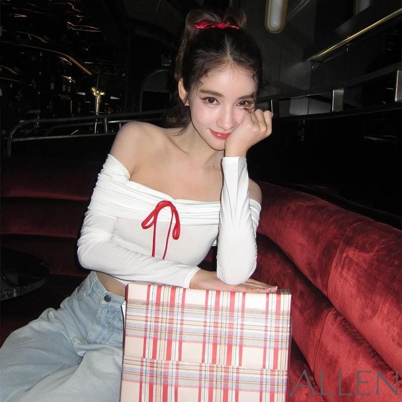 Allen-ผู้หญิง Basic Off-Shoulder Tops Casual Bow Ruched เสื้อแขนยาวPullover สําหรับ Club Streetwear ความงามเสื้อผ้า