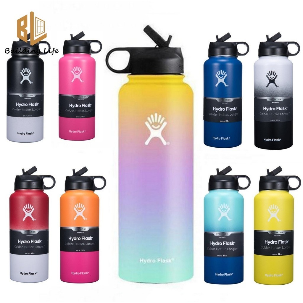 Hydroflask Tumbler Hydro Flask2 40oz 32oz ขวดน ้ ําฟางไล ่ ระดับสีปากกว ้ างขวดฟางสแตนเลสสูญญากาศฉนวนกลางแจ ้ ง Thermos