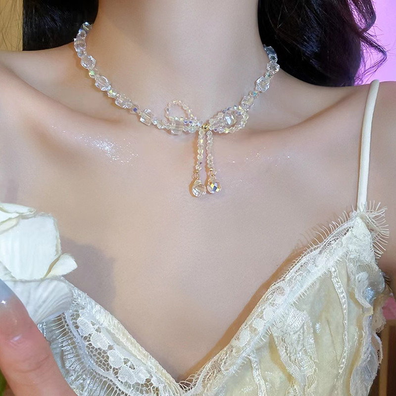 Super Fairy Crystal Bow Niche Light Luxury High-End Beaded สร ้ อยคอแฟชั ่ นหรูหรา
