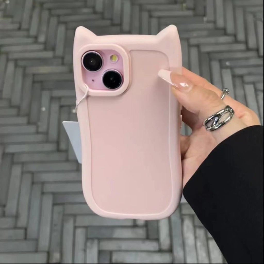 การ์ตูนหูแมวน่ารักเคสโทรศัพท์สีทึบสําหรับiphone 15 14 13 12 11 Pro Max 14 Plusปลอกกล้องเลนส์ป้องกันรวมทุกอย่างซิลิโคนกันกระแทกฝาหลังiPhone