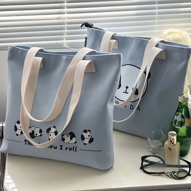 Zipper Style Tote Bag Panda Commuter Handbag Shoulder Bag Student Book Casual Literary Canvas Bag