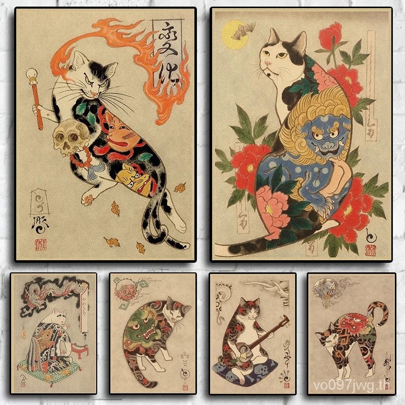 ญี่ปุ่นสักsamurai Cat 80S Retro Series Art Wallตกแต่งบ้านภาพสําหรับCafe Room Livingผ้าใบภาพวาดพิมพ์โปสเตอร์ของขวัญPYD2