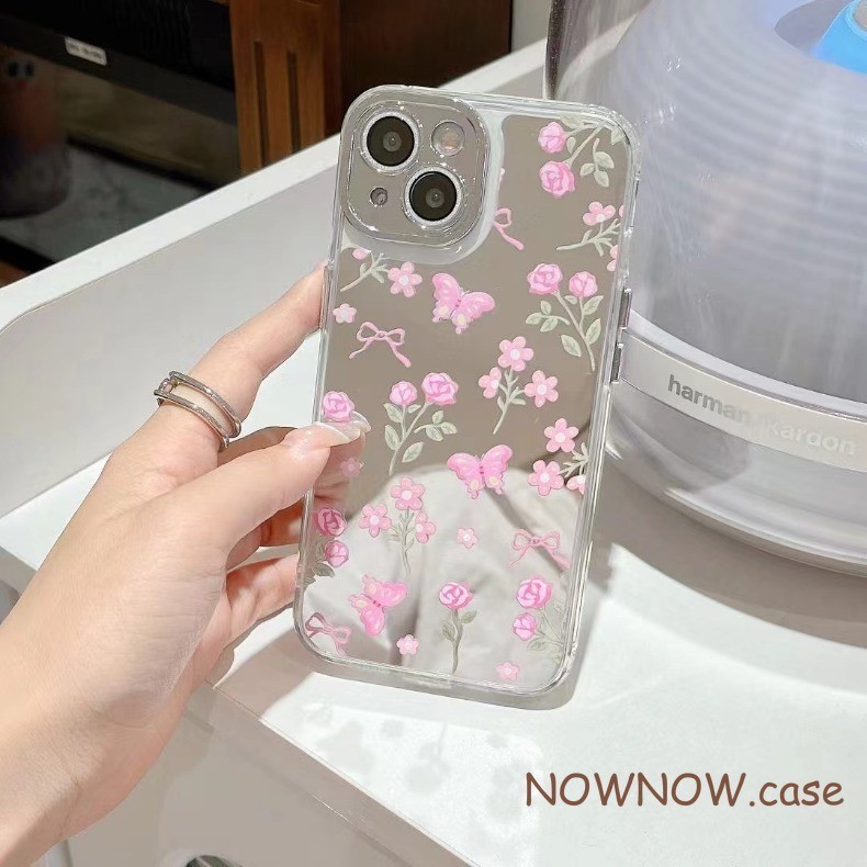 Insกระจกใหม่สาวผีเสื้อสีชมพูroseเคสโทรศัพท์สําหรับiphone 15 14 13 12 11 Pro MAX X XR XS MAX 7 8 ปกอ่อน