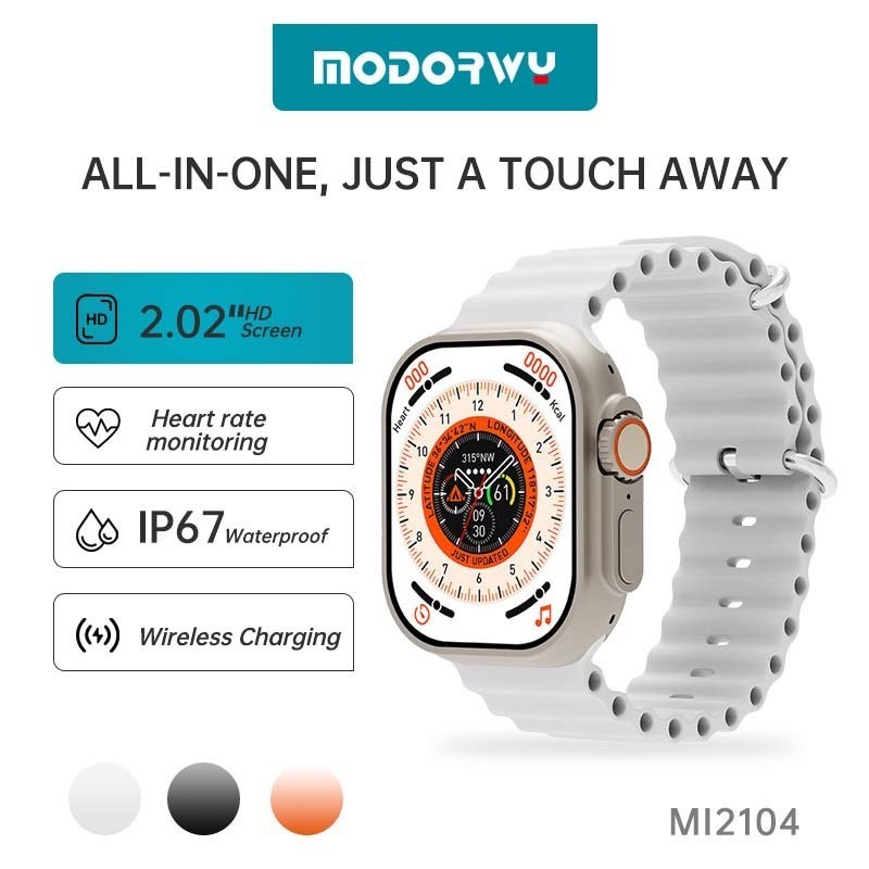 Modorwy สมาร์ทวอทช์โทรบลูทูธ หน้าจอ HD 2.02 นิ้ว วัดอัตราการเต้นของหัวใจได้ตลอดวัน ใช้งาน 14 วัน กันน้ำ รุ่น MI2104