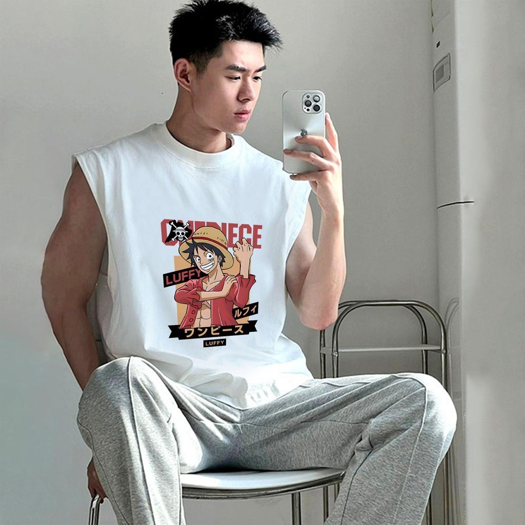 Basi เสื้อกล้ามผู้ชาย ลายอนิเมะวันพีชluffy สวยๆเท่ๆวัยรุ่นสตรีท ผ้าคอตตอนนิ่มสบายย้วยยาก แขนกุดฮิตใหม่Haizeiwang