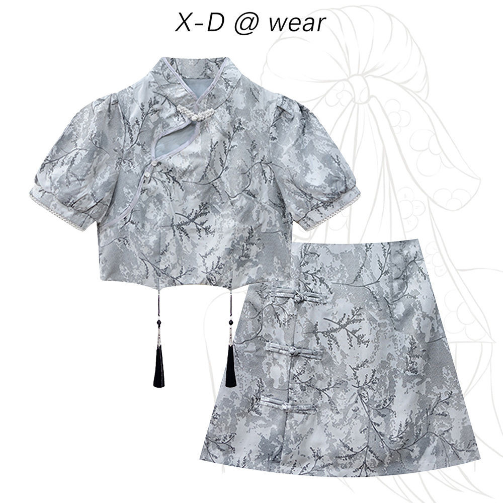 ชุดสูทสไตล์แห่งชาติผู้หญิง 2024 ใหม่สไตล์จีนปรับปรุง กี่เพ้า แขนสั้นด้านบนเอวสูงกระโปรง บาง-พอดี ชุดสองชิ้น 6.29 - รูปที่ 2