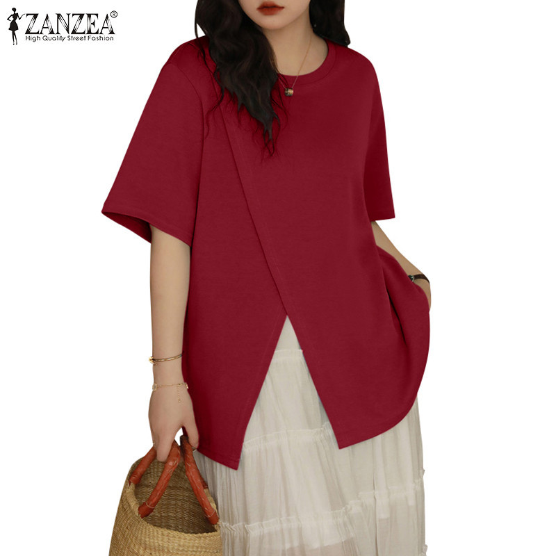 ZANZEA ใส่ ซานเซีย ผู้หญิงเกาหลีลําลองรอบคอสีทึบแขนสั้นเสื้อแยก