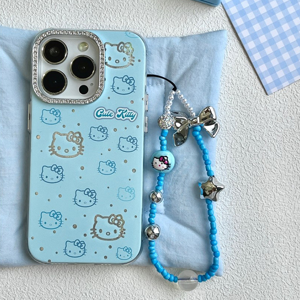 เกาหลีการ์ตูน Kitty Bow Knot สายรัดข้อมือสร้อยข้อมือ IPhone กรณี Thicken IMD Hard ปกหลังเพชรกล้องสําหรับ IPhone 15 14 13 12 11 Pro Max