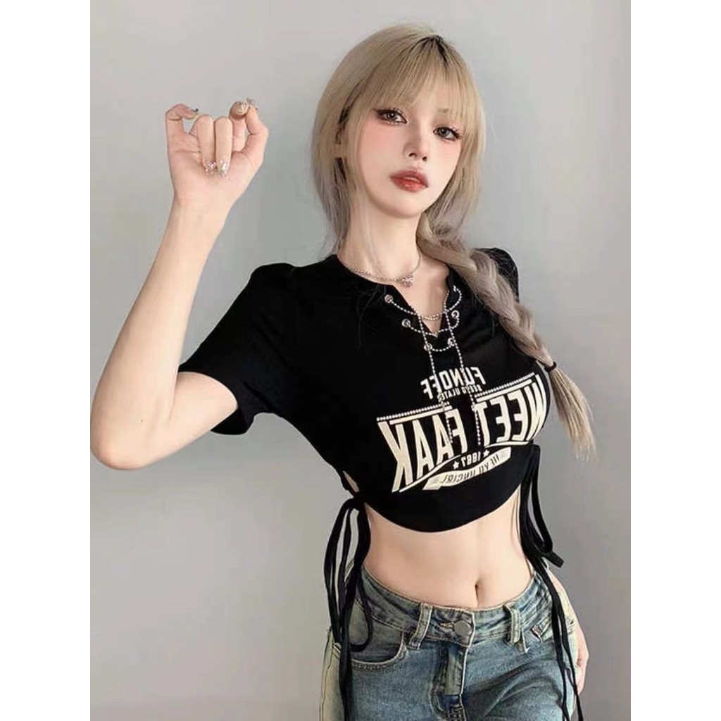 Hiphop Croptop สําหรับผู้หญิง Crop เซ็กซี่ Crop Top สําหรับผู้หญิงเต้นรําสีดํา Crop Top เสื้อคอวีเกาหลีอินเทรนด์ Tops สําหรับผู้หญิง - รูปที่ 4