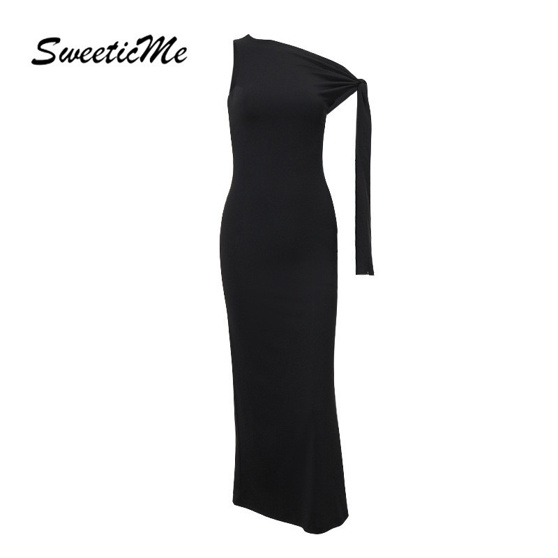 Sweeticme ชุดเดรสสตรี 2024 แฟชั ่ นใหม ่ สีทึบเซ ็ กซี ่ ปักชุดยาวไม ่ สม ่ ําเสมอ