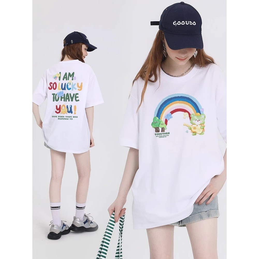 (จัดส่งตลอด 24 ชั่วโมง) เสื้อยืดพิมพ์ลายสายรุ้งแขนสั้นผ้าฝ้ายบริสุทธิ์แฟชั่นฤดูร้อนยอดนิยมของผู้หญิงที่สบาย