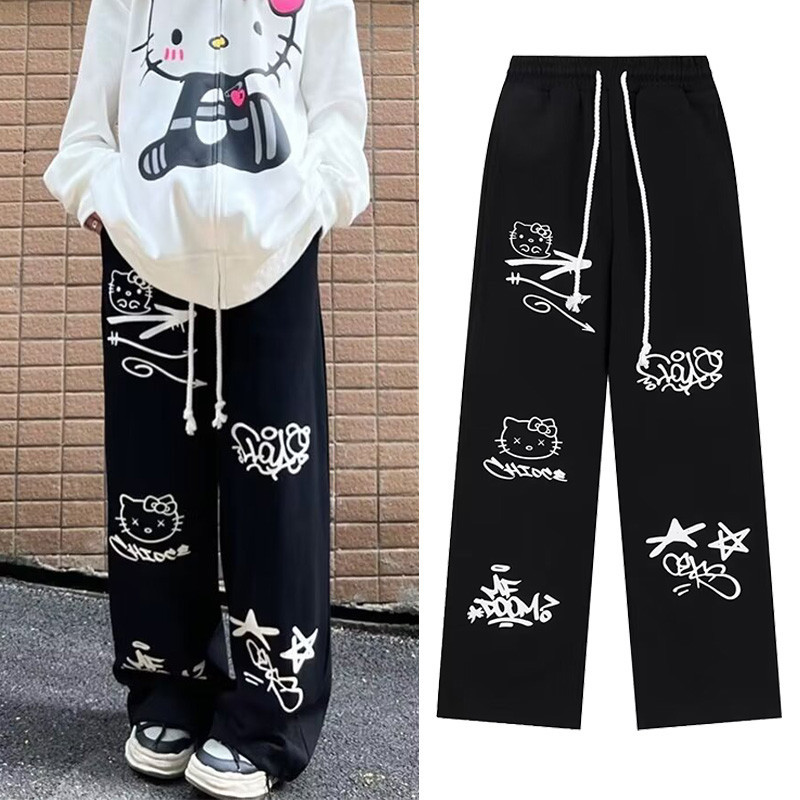 Unisex สีดํา Hello Kitty พิมพ ์ หลวมตรงขา Sweatpants แนวโน ้ ม Hip Hop Street สไตล ์ ขากว ้ าง Dancer กางเกงกีฬาสําหรับผู ้ หญิงและผู ้ ชาย