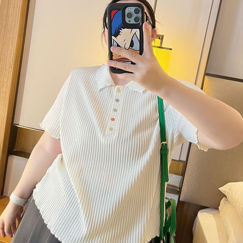 เสื้อผ้าผู้หญิงไซส์ใหญ่ สไตล์หวาน เสื้อยืดแขนสั้น ทรงหลวม เสื้อสาวอวบ คอปลอกโปโล