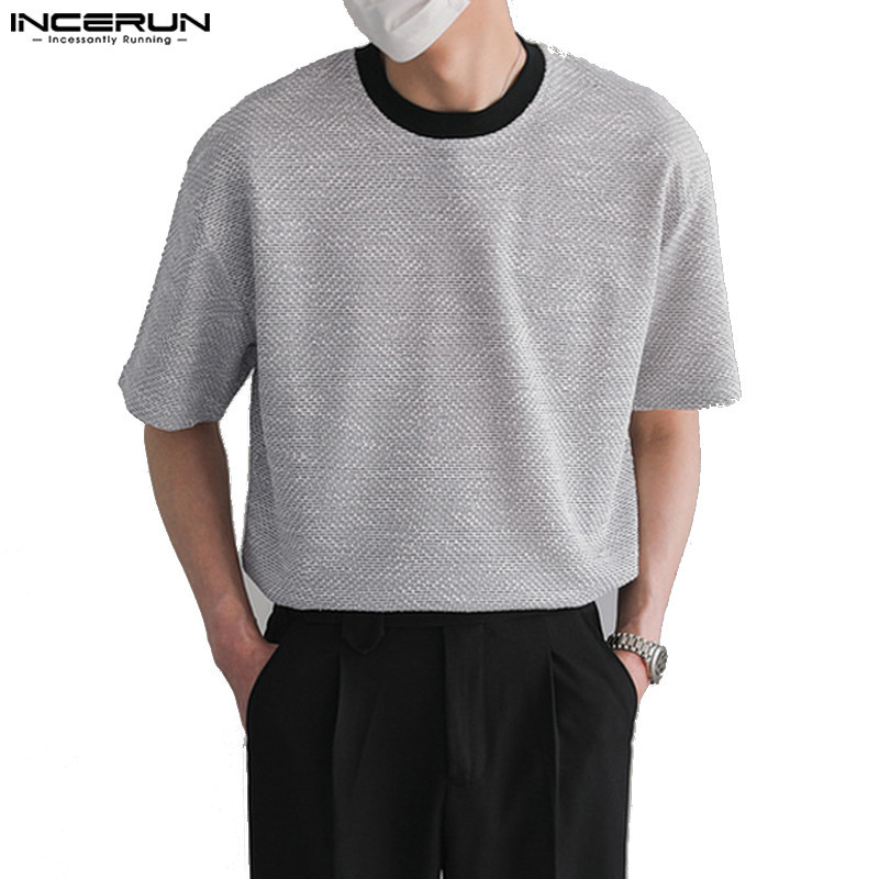 Incerun เสื ้ อยืดแขนสั ้ นผู ้ ชายเกาหลีลําลองคอกลมแฟชั ่ นส ่ วนบุคคล