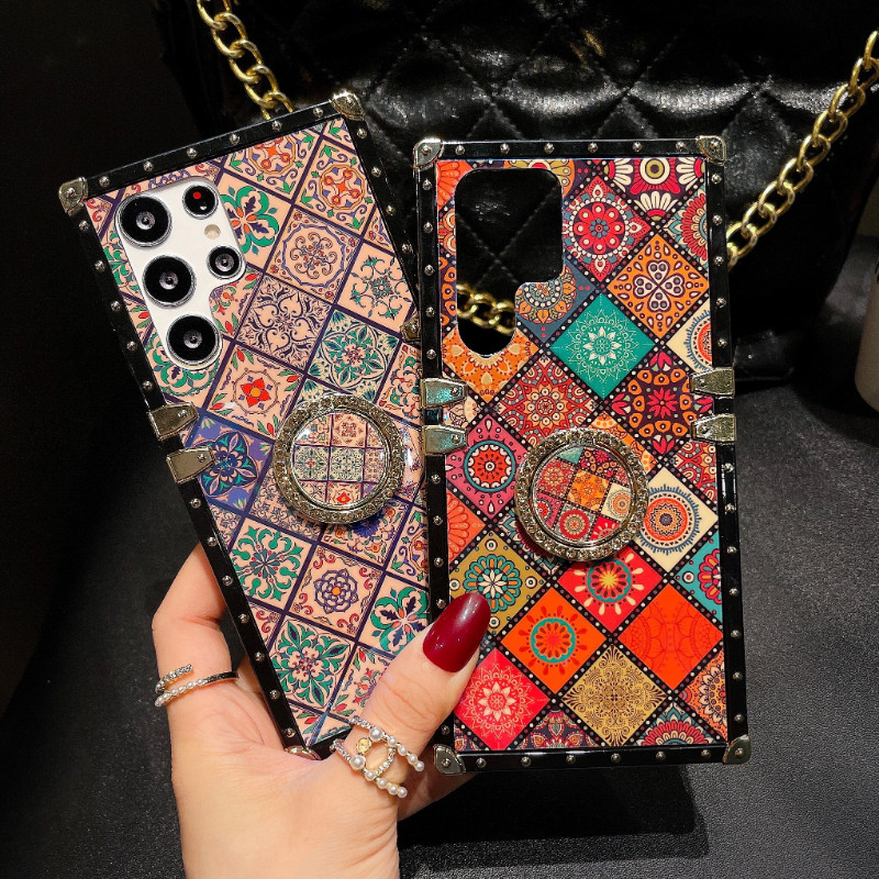 ปลอก Samsung S24 Ultra S23 S22 S21 FE S10+ S9+ Note20 Note10+ แฟชั่นสไตล์แห่งชาติ Totem Square เคสโทรศัพท์พร้อมที่วางแหวน