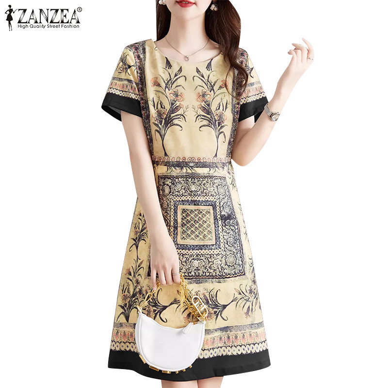 Zanzea ผู ้ หญิงแฟชั ่ นเกาหลี O-คอดอกไม ้ พิมพ ์ แขนสั ้ น A Hem Dresses