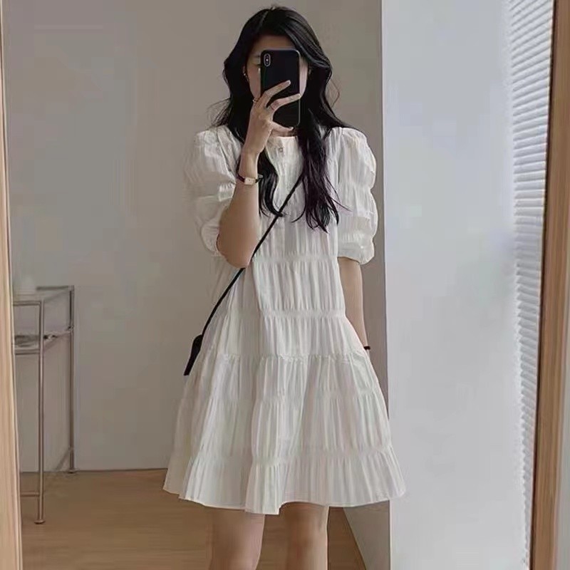 Suxi French Vintage Simple Round Neck Short Sleeve Women 's A-line Dress 240612