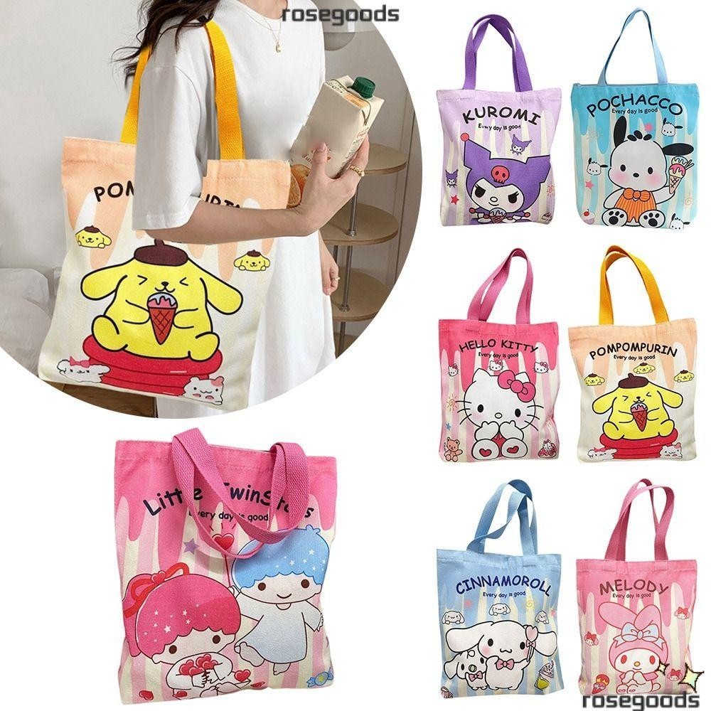 Rose Tote Bag,ผ้าฝ้ายการ์ตูนCrossbodyกระเป๋ากวดวิชากล่องอาหารกลางวันMelody Cinnamorol Kuromiขนาดใหญ่ความจุกระเป๋าMessengerสําหรับสาวผู้หญิงLady