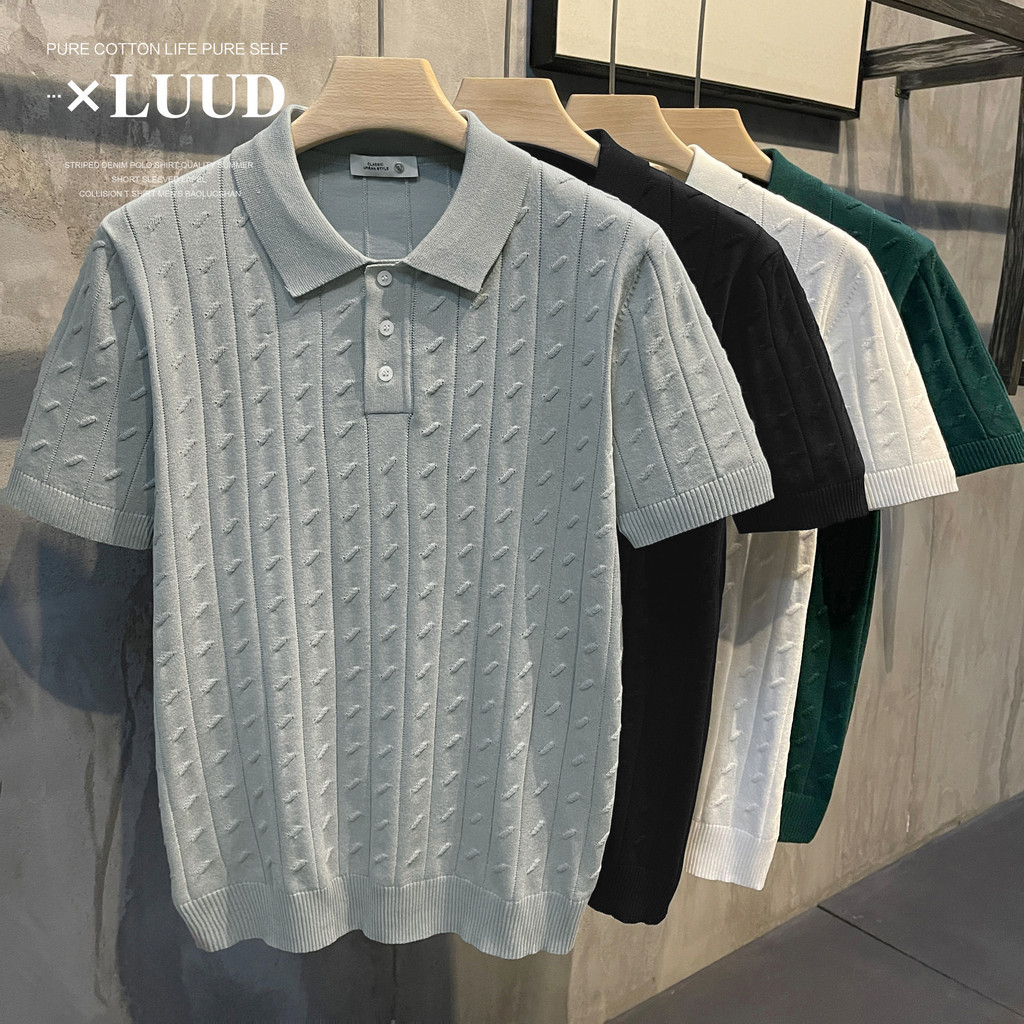 สีทึบแนวตั้ง Granular Jacquard ถัก Paul เสื้อผู้ชาย British Classy Slim-fit เสื้อโปโลแขนสั้น
