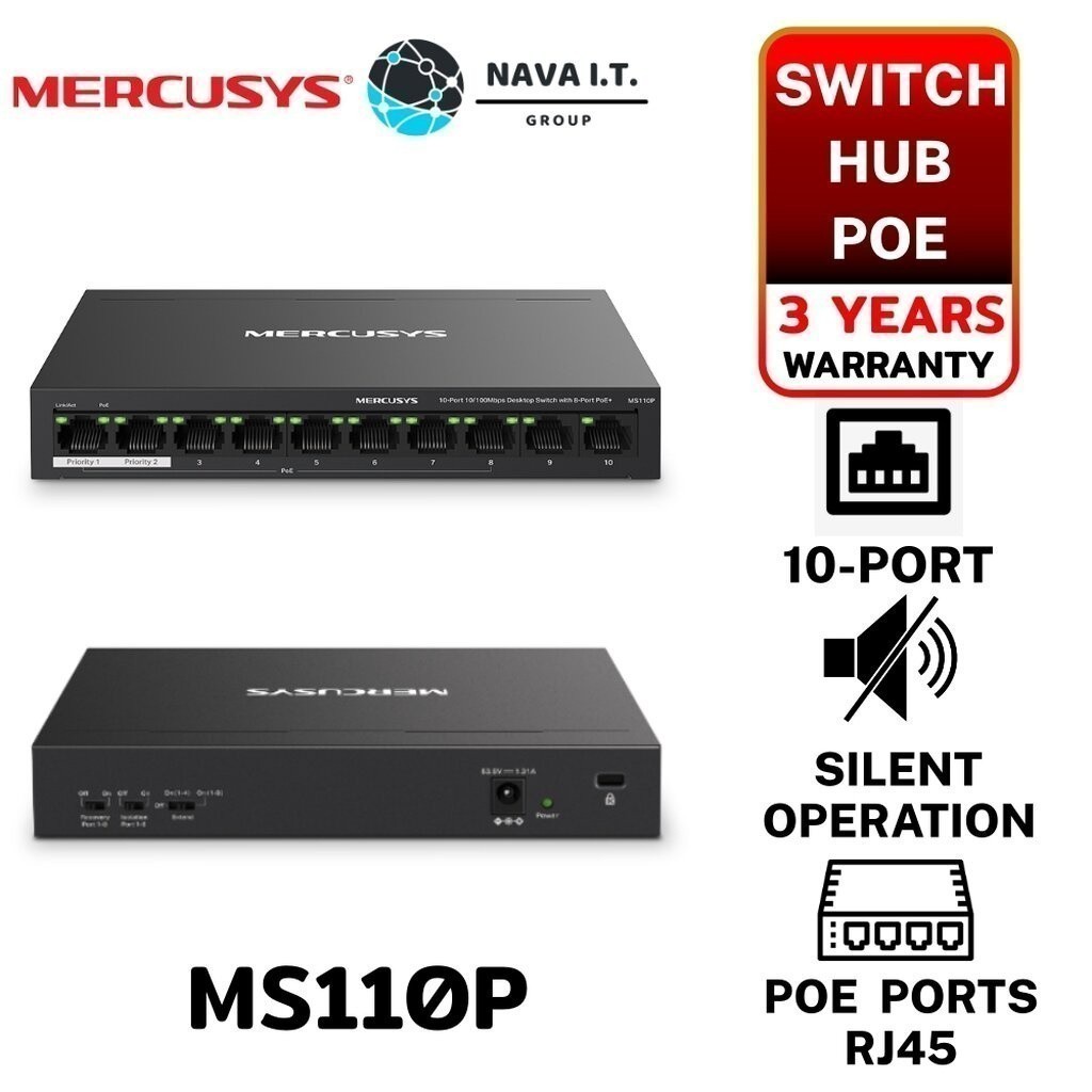 มีส่งด่วน MERCUSYS MS110P 10-PORT 10/100MBPS DESKTOP SWITCH WITH 8-PORT POE+ รับประกัน 3ปี