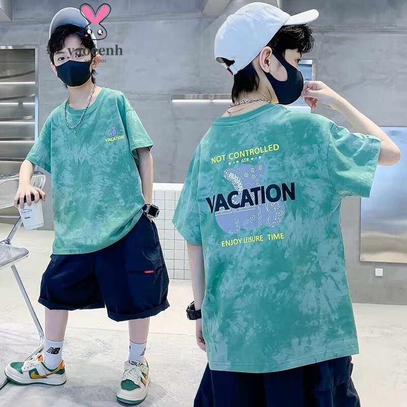 【YAOEENH】120-170 ซม.ฤดูร้อนชายแฟชั่นรอบคอ Tie-Dye แขนสั้นกลางเด็กใหญ่เกาหลีรุ่น Dropped ไหล่ครึ่ง