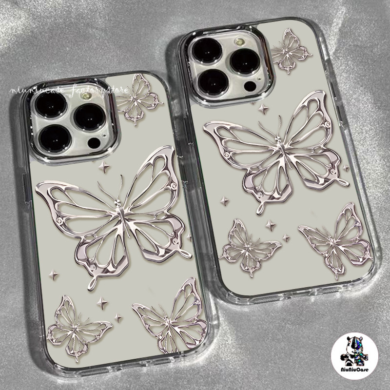 ลายผีเสื้อสีเงิน รูปแบบสาวหยิก For iPhone 11 13 12 14 15 Pro Max X XR XS 7 8 Plus เคส รูปแบบโปร่งใส ซิลิโคนนุ่มกันกระแทก