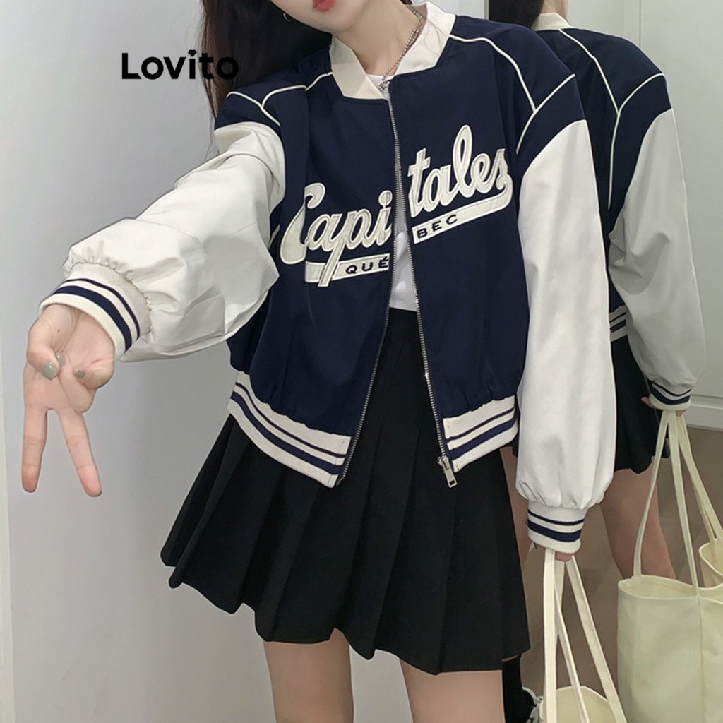 Lovito เสื้อแจ็กเก็ตผู้หญิง สไตล์ลำลอง สีพื้น ปักลาย คัลเลอร์บล็อก LNA29492 (ชมพู/น้ำเงิน)