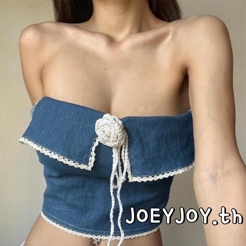 Joeyjoy-เสื้อกล้ามเชือกแขวนคอฤดูร้อนของผู้หญิงลูกไม้ตัด 3D ดอกไม้เปลือยสลิมฟิตเสื้อกั๊กครอป