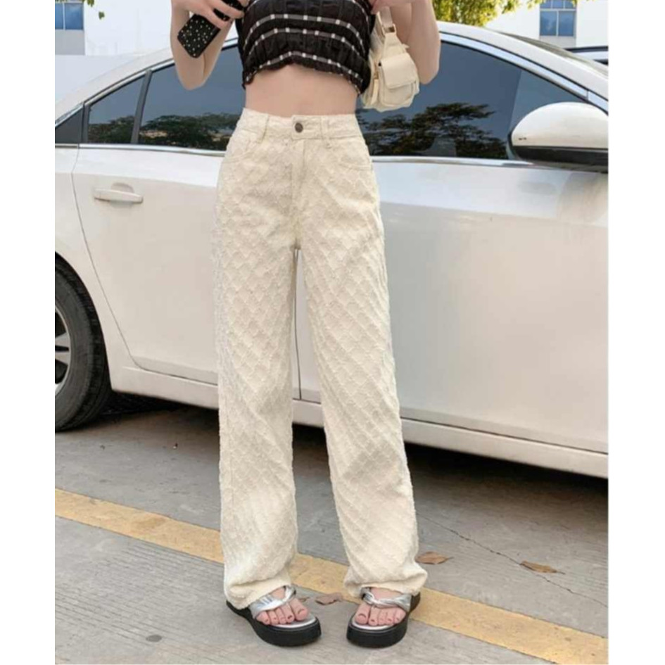 C&m ฤดูร้อนใหม่ผู้หญิงกางเกงยีนส์เอวสูงตรงสีขาวลาย Jacquard ความยาวกางเกง