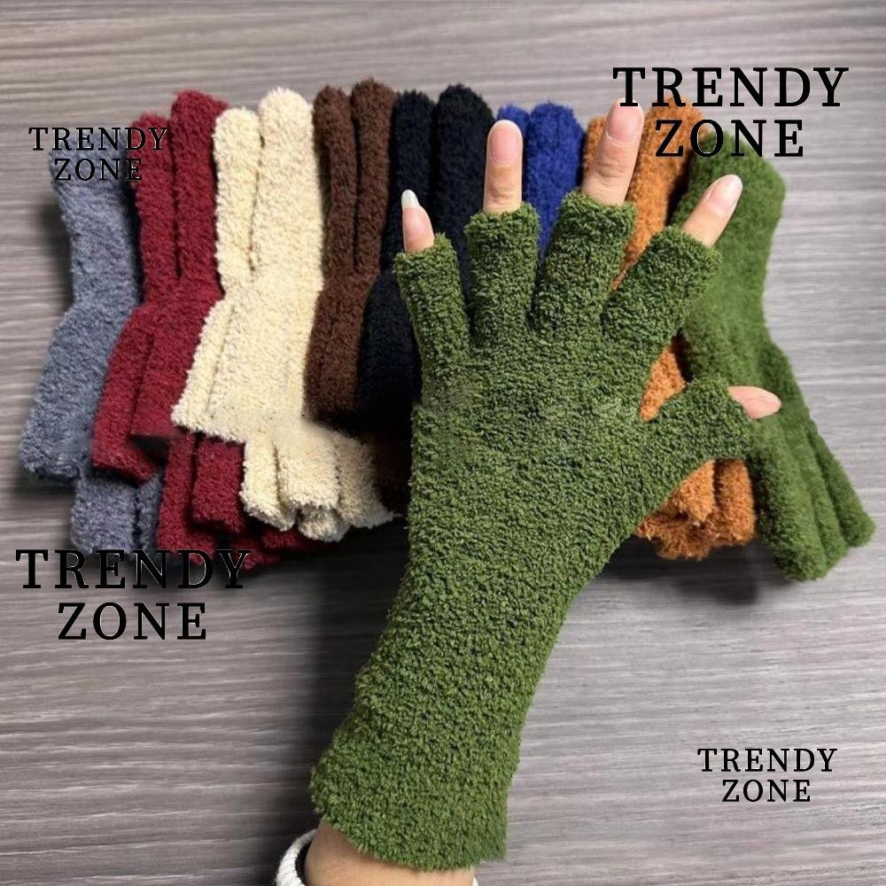 Trendyzone ถุงมือไร้นิ้ว, ถุงมือขนแกะปะการังตุ๊กตาเด็กผู้หญิง, ถุงมือครึ่งนิ้วแบบข้นความร้อน
