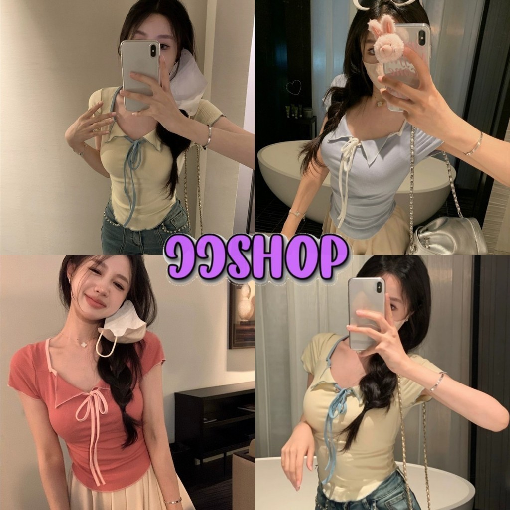 JJ Shop​ ​พร้อมส่ง เสื้อยืดแขนสั้น คอวี ดีเทลแต่งผูกโบว์ น่ารักที่สุด สีพาสเทลน่ารักสุด "FY8K97"