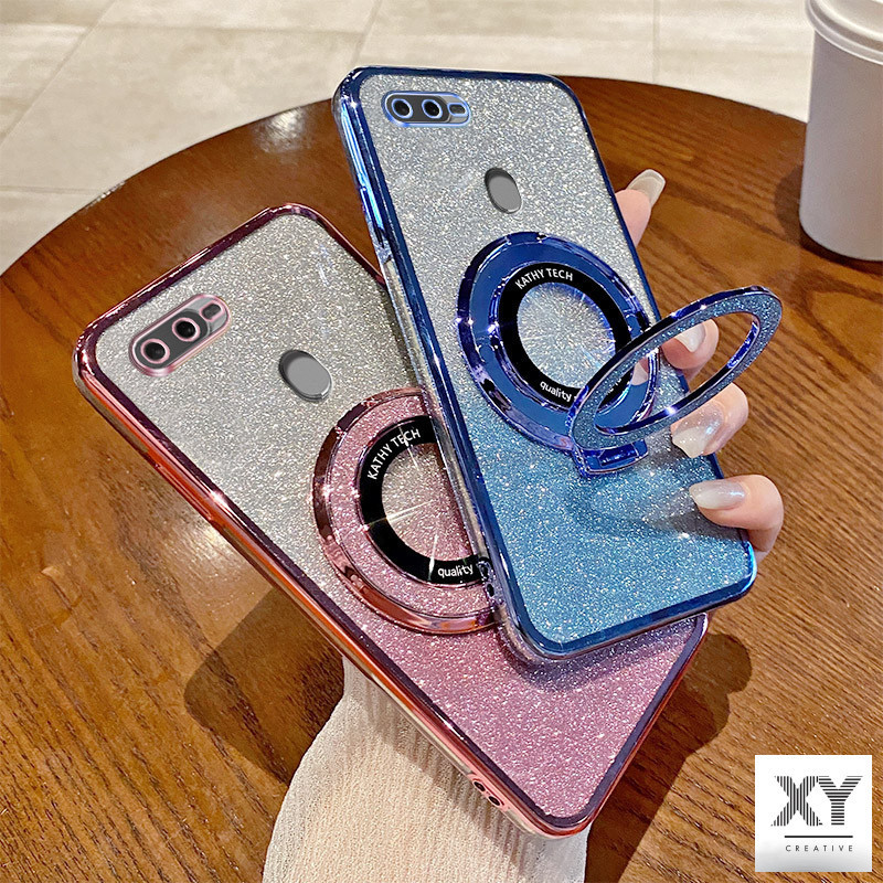เคส OPPO A5S A12 A7 F9 หรูหราชุบบางเฉียบกระพริบฝาครอบโปร่งใสกรณีเชลล์พร้อมวงเล็บแหวนแม่เหล็กดูดและเลนส์ป้องกันการตกครอบคลุมเต็มรูปแบบ เคสโทรศัพท์ OPPO A5S A12 A7 F9