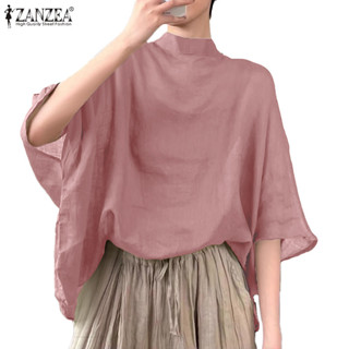 ZANZEA ซานเซีย ผู้หญิงเกาหลีแฟชั่นยืนปกแขนสามในสี่เสื้อหลวม