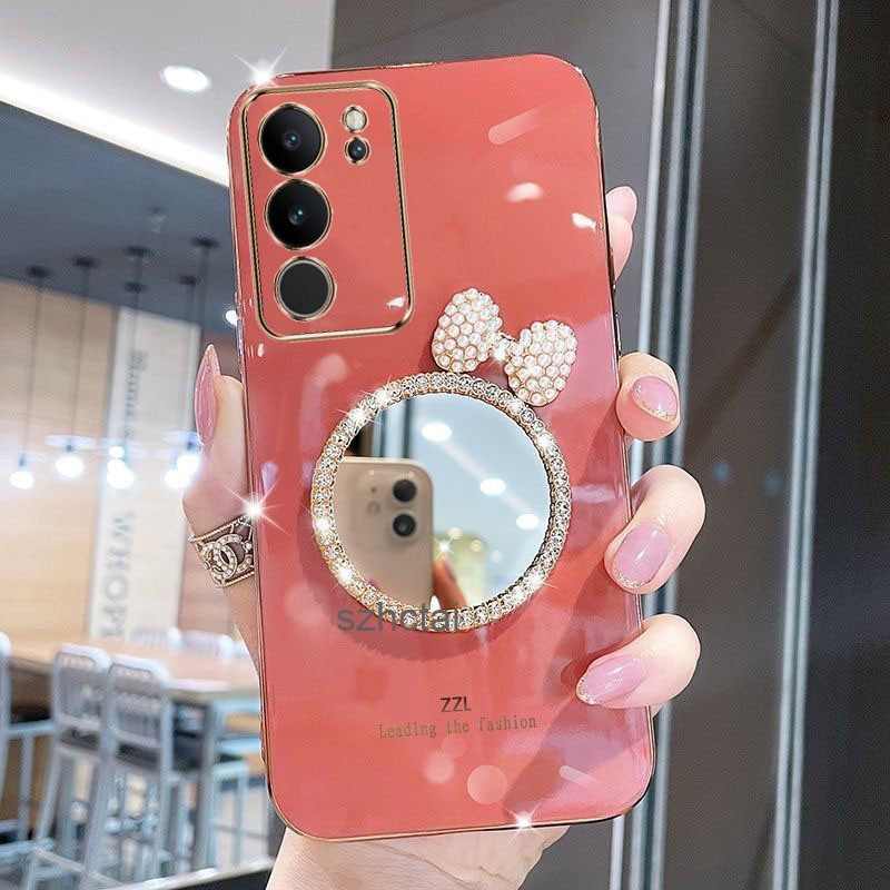 เคส Vivo V29 5G Vivo v27 5g V25 V25E V27E V23 5G V23E V21 5G V20 Pro V20 SE เคสโทรศัพท์ชุบหรูหรา ฝาครอบกรณีเชลล์พร้อมกระจกแต่งหน้าโบว์มุก สำหรับสาวๆ เคสโทรศัพท์ Vivo V29 5G Vivo v27 5g V25 V25E V27E V23 5G V23E V21 5G V20 Pro V20 SE