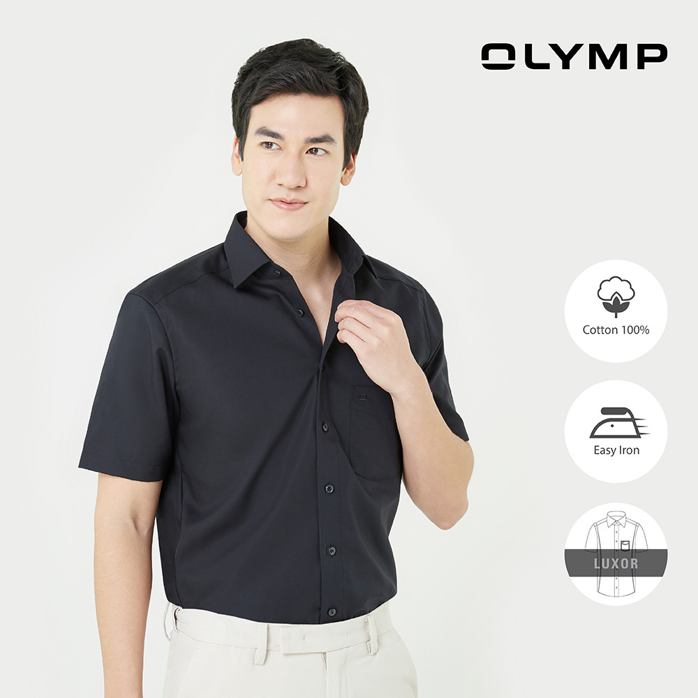 OLYMP LUXOR Shirt เสื้อเชิ้ตชาย แขนสั้น สีดำ ทรงหลวม ใส่สบายรีดง่าย  NOSLGR เสื้อเชิ้ตทำงาน ชุดทำงาน